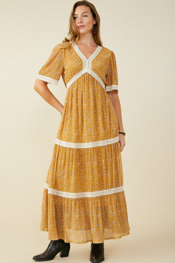 HY9798 Mustard Womens Crochet Lace Trimmed Textured Floral Dress Full Body